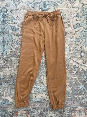 Rachel Zoe Satin Camel Brown Drawstring Joggers Luxe Lounge Pants